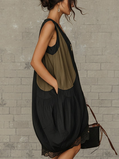 Black Sleeveless Mini Dress with Lace Hem