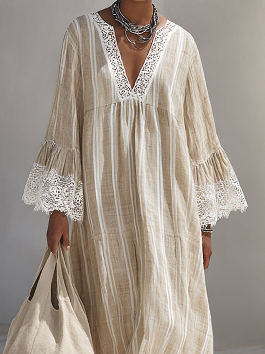 Beige Boho Maxi Dress with Lace Sleeves