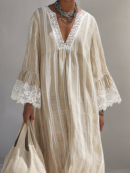 Beige Boho Maxi Dress with Lace Sleeves