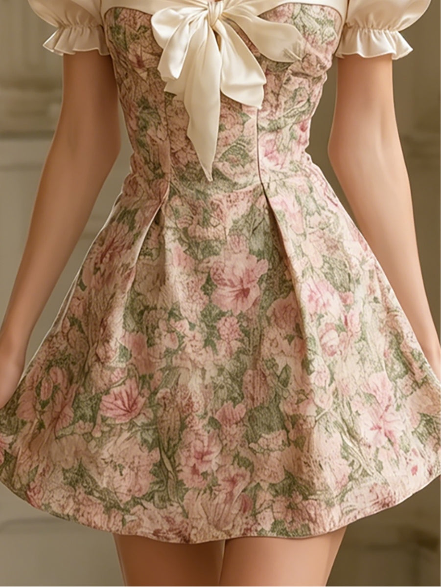 Floral Puff Sleeve Mini Dress with Bow Front