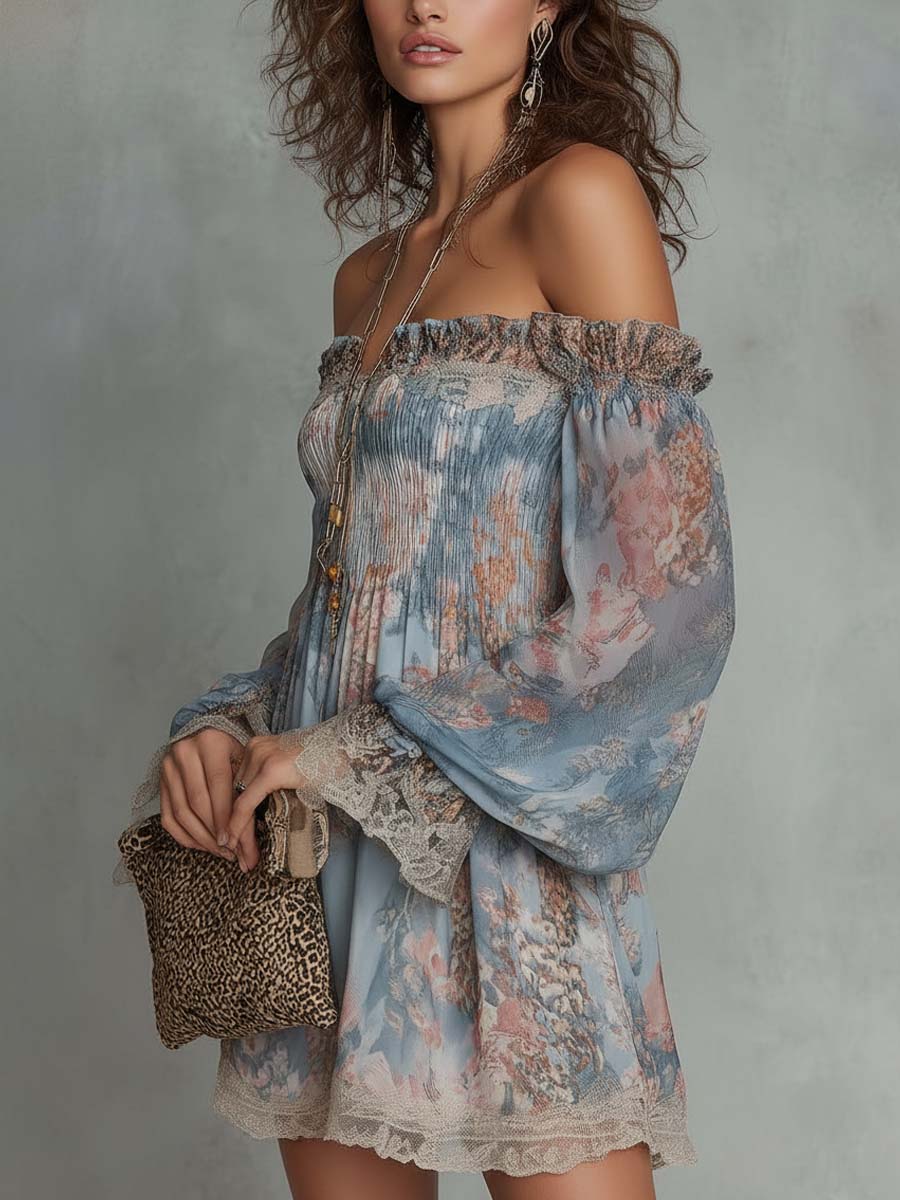 Effortless Blue Floral Mini Dress for Women with Off Shoulder Style
