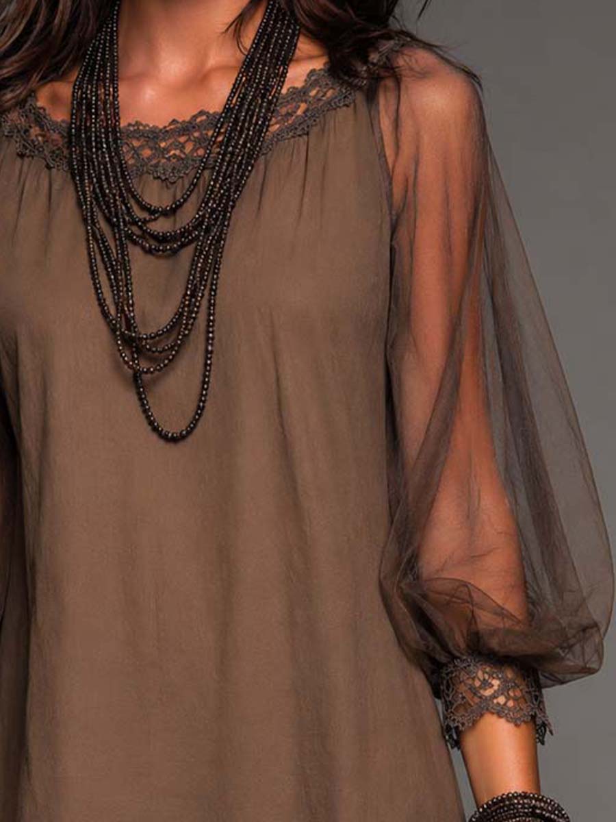 Brown Sheer Sleeve Mini Dress with Lace Hem