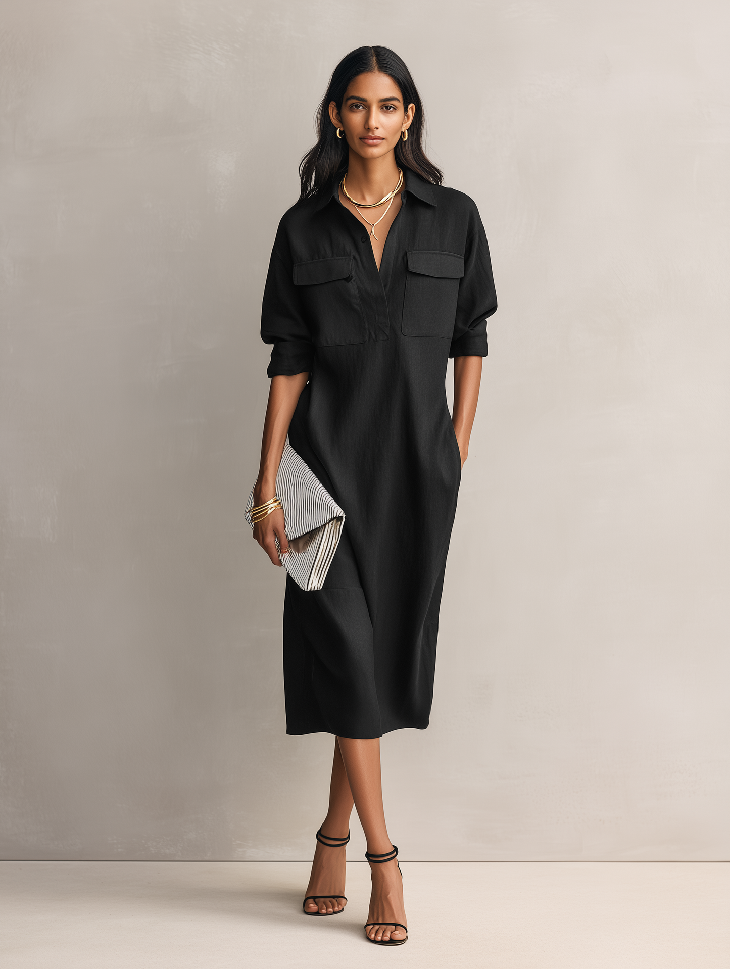 Effortless Black Shirt Dress for Women with Collar V Neck Style