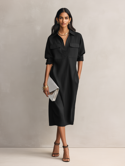 Effortless Black Shirt Dress for Women with Collar V Neck Style