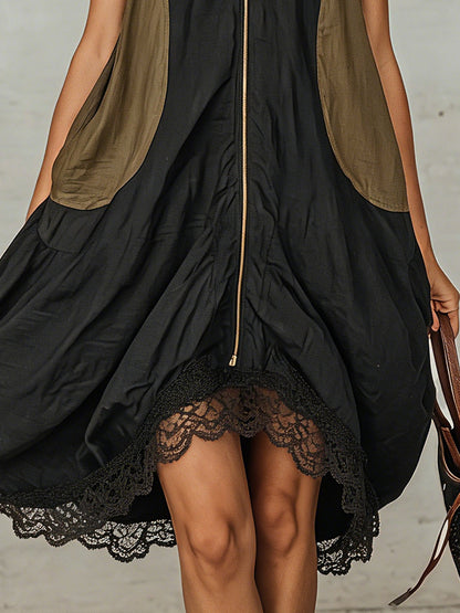 Black Sleeveless Mini Dress with Lace Hem