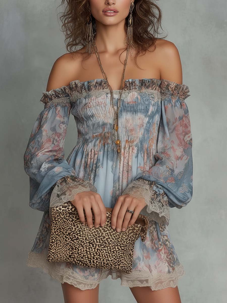 Effortless Blue Floral Mini Dress for Women with Off Shoulder Style