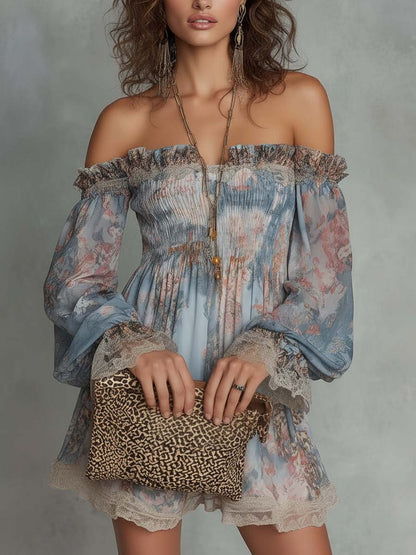 Effortless Blue Floral Mini Dress for Women with Off Shoulder Style