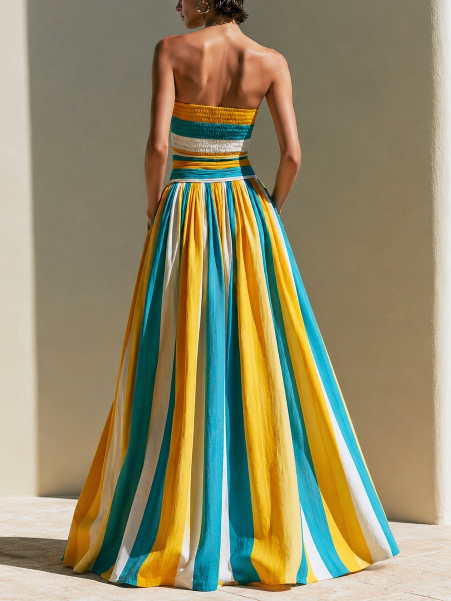 Yellow Striped Strapless Maxi Dress