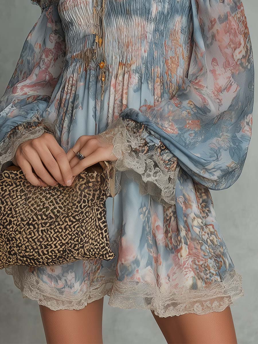 Effortless Blue Floral Mini Dress for Women with Off Shoulder Style