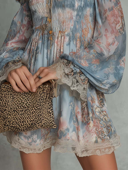 Effortless Blue Floral Mini Dress for Women with Off Shoulder Style