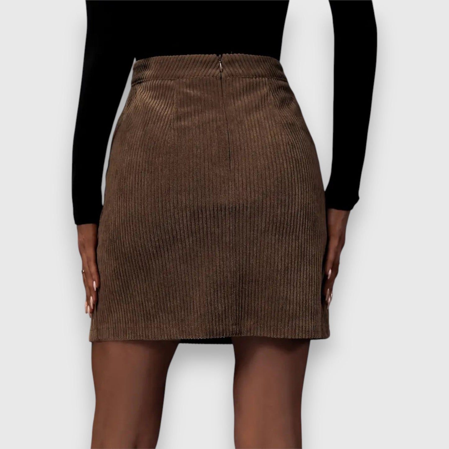 Stylish Brown Mini Skirt for Women with High Waist Corduroy Textured Front Split Fitted Casual Style