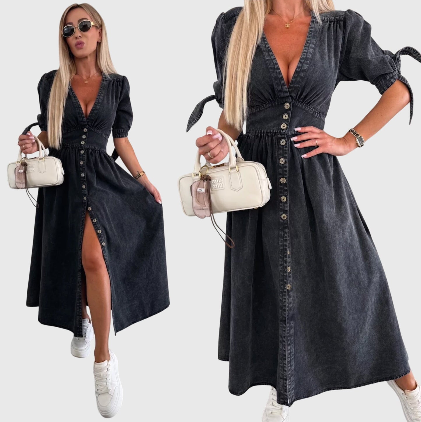 Effortless Denim Midi Dress for Women with V Neck Style