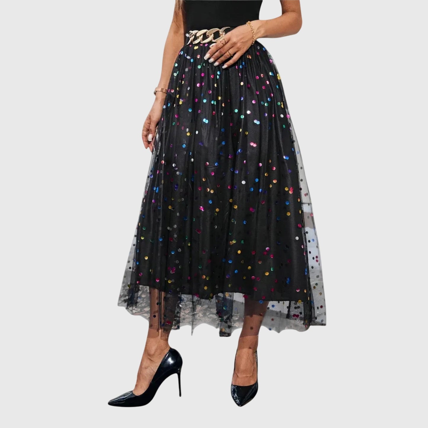 Elegant Black Midi Skirt for Women with High Waist Colorful Sequin Tulle Overlay Asymmetric Hem Going Out Style