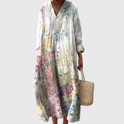 Effortless Linen Maxi Dress for Women with V Neck Long Sleeve Style