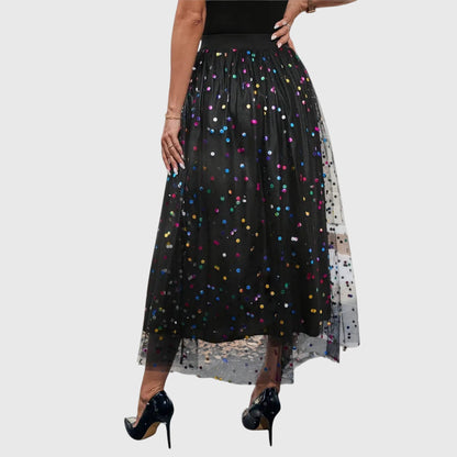 Elegant Black Midi Skirt for Women with High Waist Colorful Sequin Tulle Overlay Asymmetric Hem Going Out Style