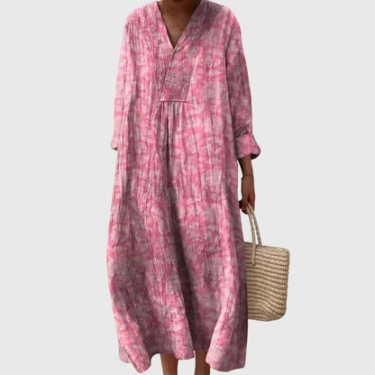 Effortless Linen Maxi Dress for Women with V Neck Long Sleeve Style