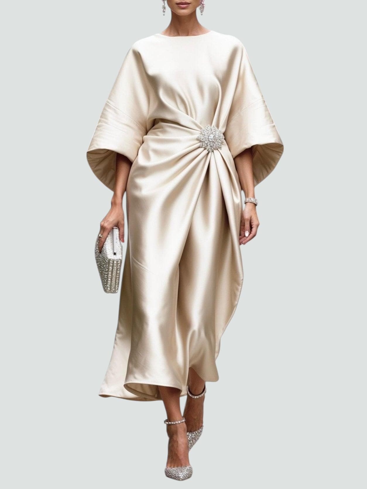 Elegant Satin Midi Dress for Women with Batwing Sleeve Formal Wedding Guest Style