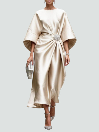 Elegant Satin Midi Dress for Women with Batwing Sleeve Formal Wedding Guest Style