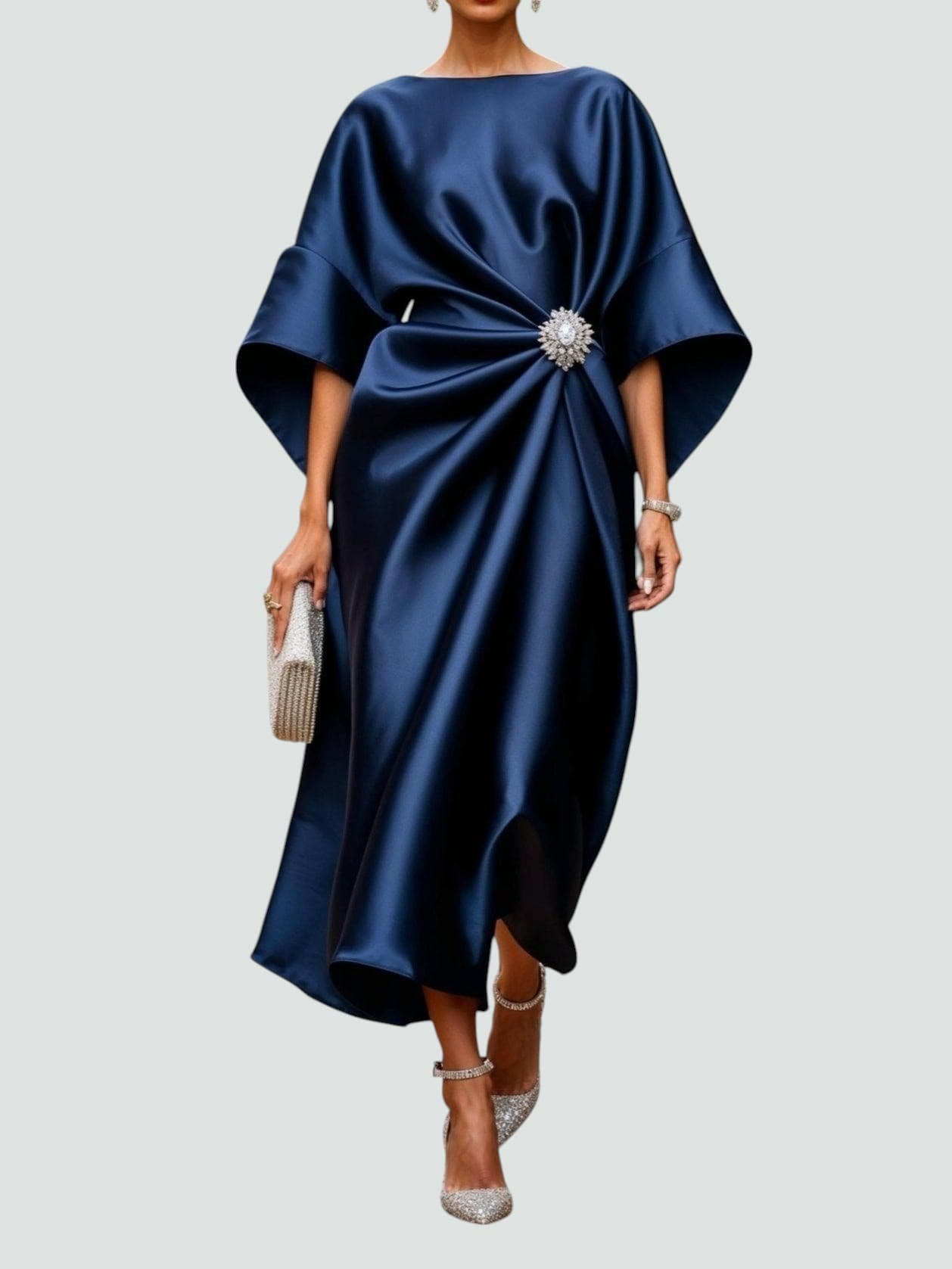Elegant Satin Midi Dress for Women with Batwing Sleeve Formal Wedding Guest Style