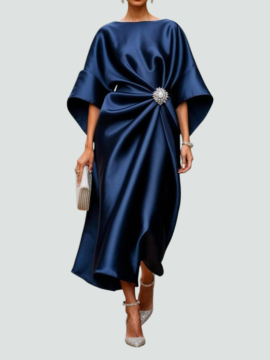 Elegant Satin Midi Dress for Women with Batwing Sleeve Formal Wedding Guest Style