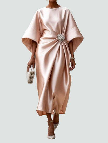 Elegant Satin Midi Dress for Women with Batwing Sleeve Formal Wedding Guest Style