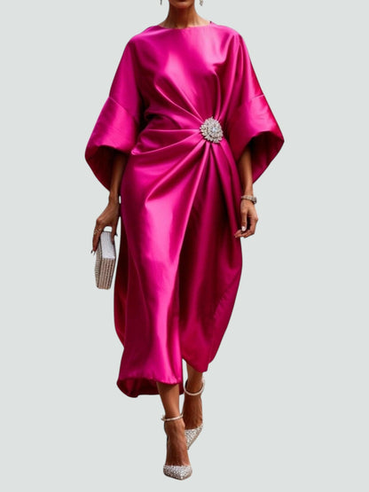 Elegant Satin Midi Dress for Women with Batwing Sleeve Formal Wedding Guest Style
