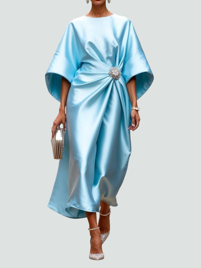 Elegant Satin Midi Dress for Women with Batwing Sleeve Formal Wedding Guest Style