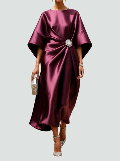 Elegant Satin Midi Dress for Women with Batwing Sleeve Formal Wedding Guest Style