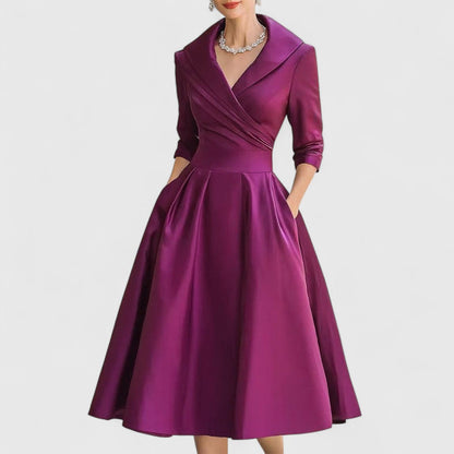 Elegant Satin Midi Dress for Women with Elbow Sleeve Formal Wedding Guest Style