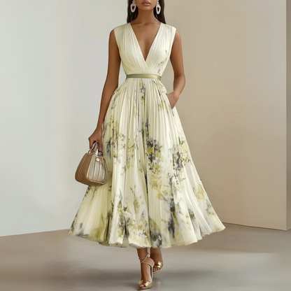 Elegant Floral Midi Dress for Women with V Neck Formal Style