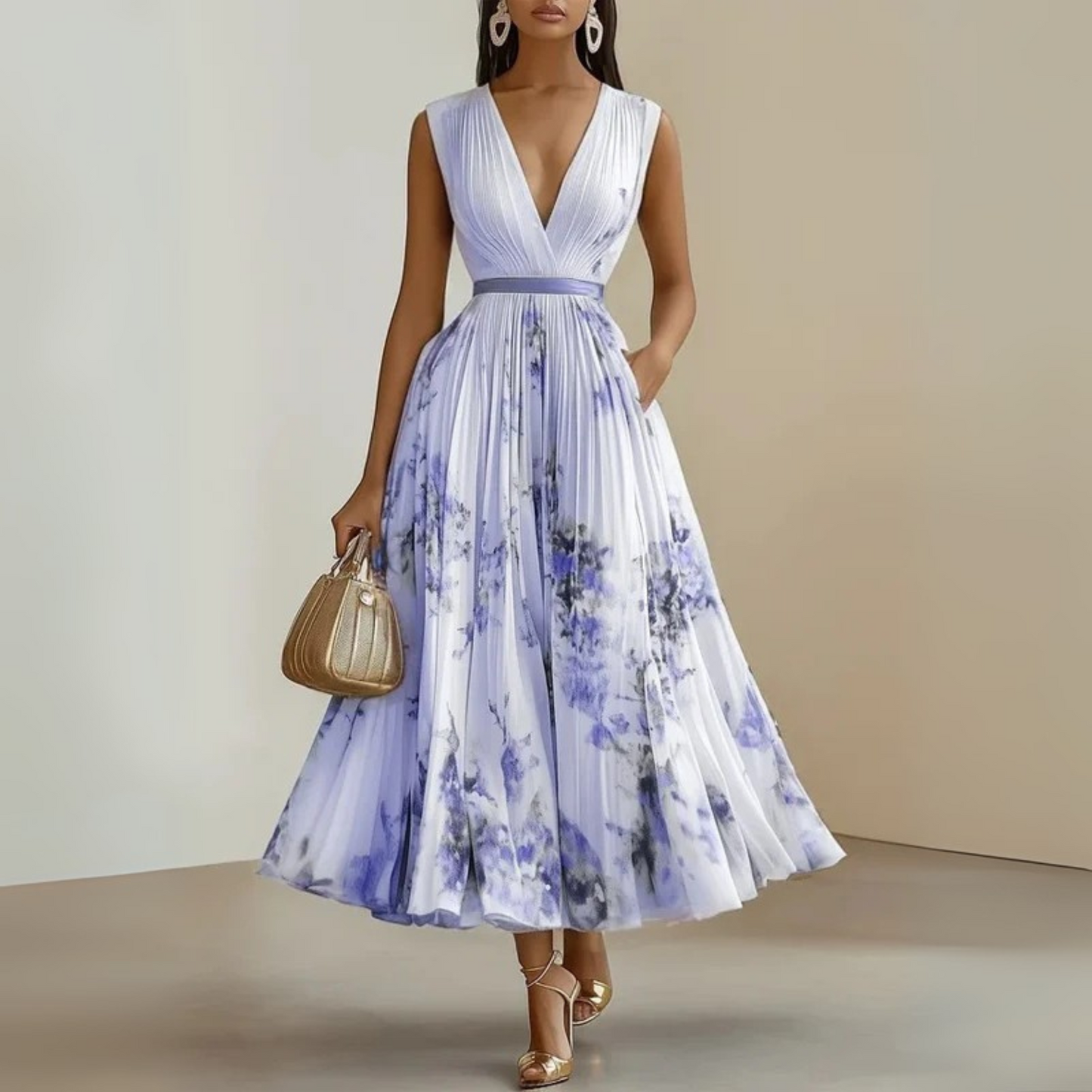 Elegant Floral Midi Dress for Women with V Neck Formal Style