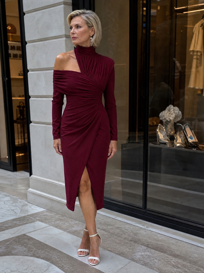 Elegant Midi Dress for Women with Mock Neck Wedding Guest Dress Style