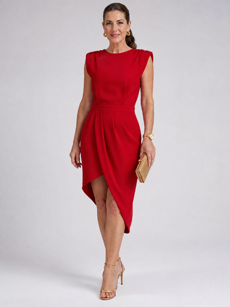 Elegant Midi Dress for Women with Round Neck Wedding Guest Dress Style