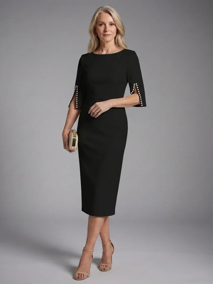 Elegant Midi Dress for Women with Bateau Neck Wedding Guest Dress Style