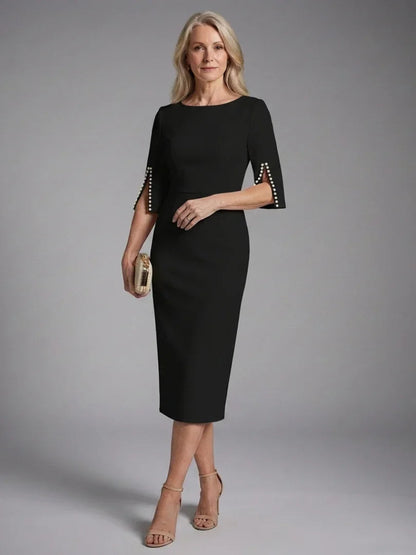 Elegant Midi Dress for Women with Bateau Neck Wedding Guest Dress Style
