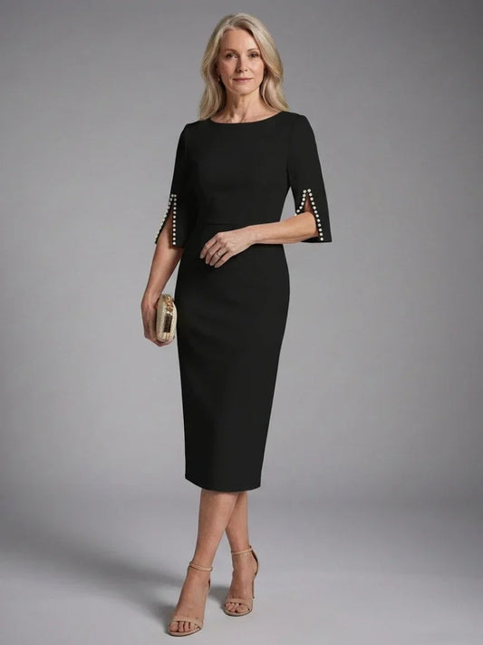 Elegant Midi Dress for Women with Bateau Neck Wedding Guest Dress Style