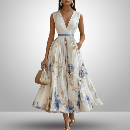 Elegant Floral Midi Dress for Women with V Neck Formal Style
