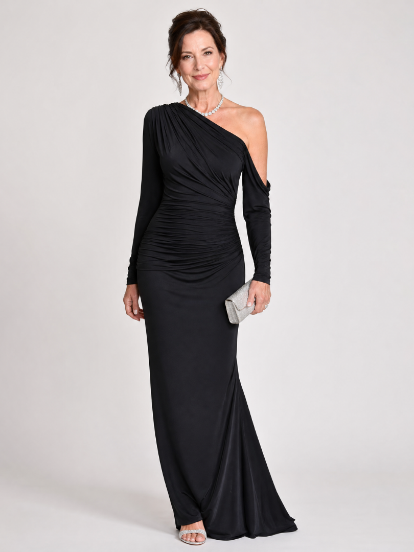 Elegant Black Maxi Dress for Women with One Shoulder Wedding Guest Dress Style