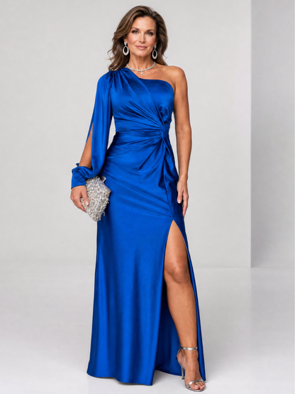 Elegant Satin Maxi Dress for Women with One Shoulder Wedding Guest Dress Style