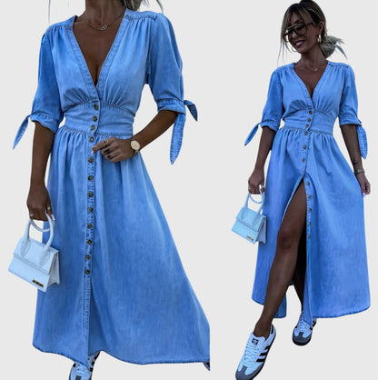Effortless Denim Midi Dress for Women with V Neck Style