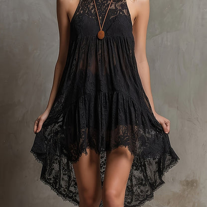Elegant Little Black Dress for Women with Halter Neck Lace Overlay Sleeveless Hi Low Hem Casual Style