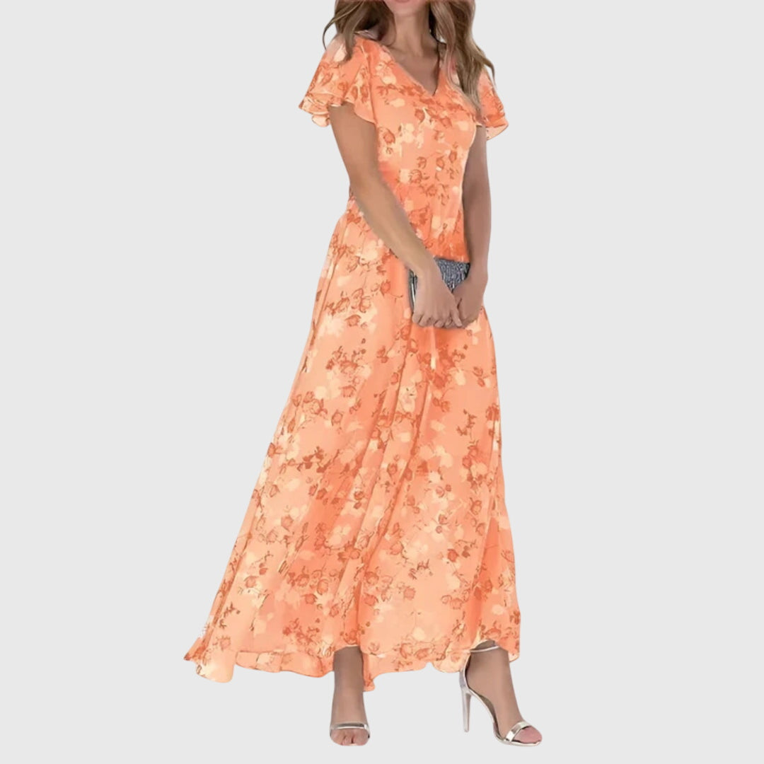 Effortless Floral Maxi Dress for Women with V Neck Flutter Sleeve Style