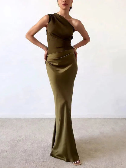 Elegant Satin Maxi Dress for Women with One Shoulder Formal Wedding Guest Style