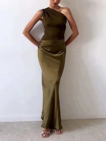 Elegant Satin Maxi Dress for Women with One Shoulder Formal Wedding Guest Style