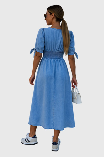 Effortless Denim Midi Dress for Women with V Neck Style