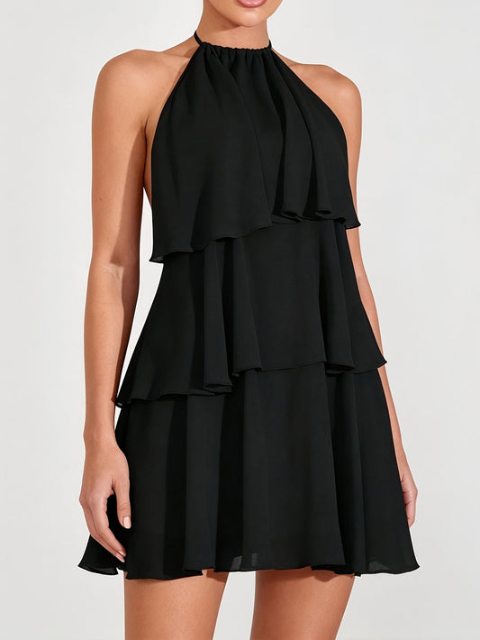 Elegant Little Black Dress for Women with Halter Neck Tiered Ruffle Sleeveless Mini Casual Party Style