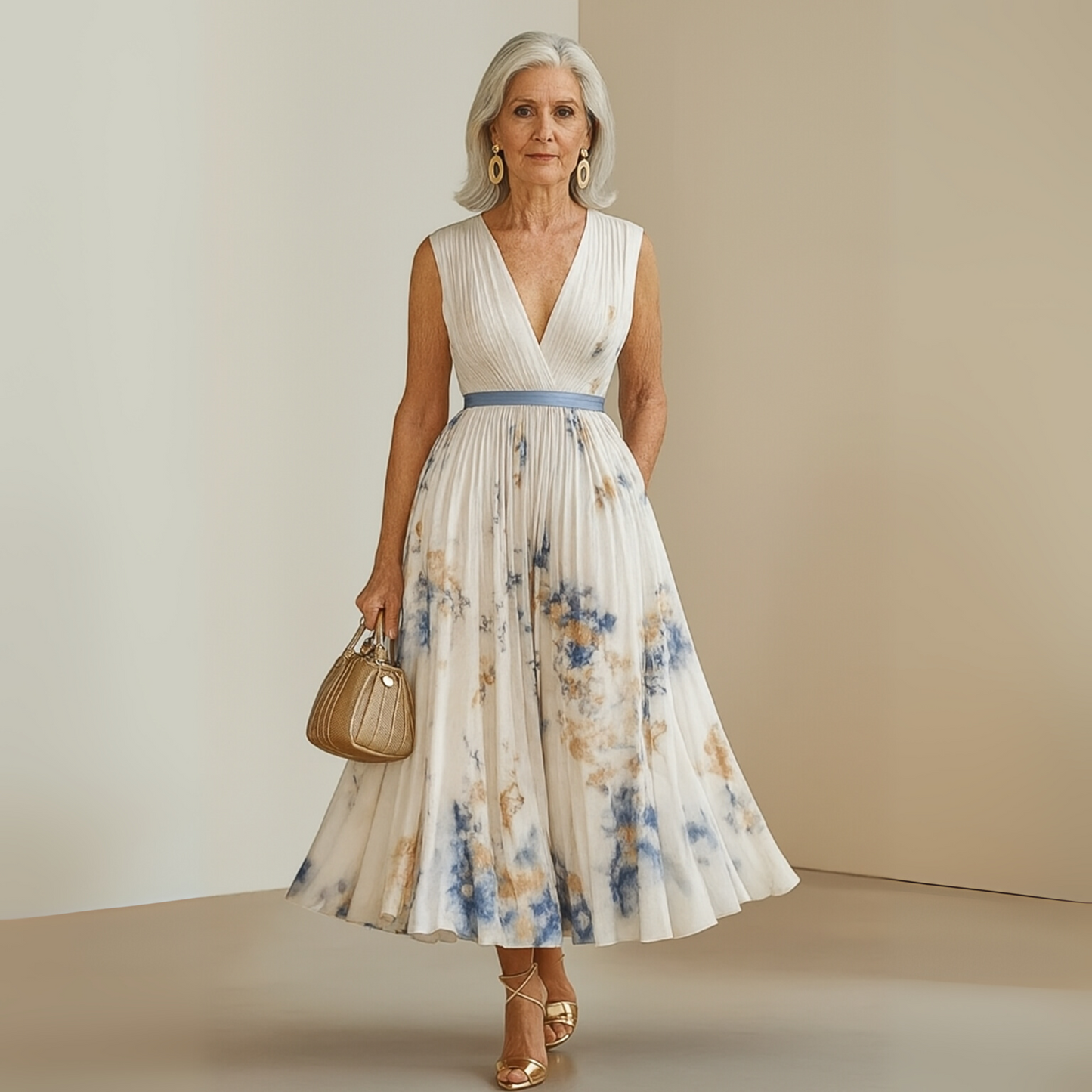 Elegant Floral Midi Dress for Women with V Neck Formal Style