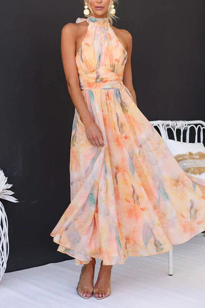 Elegant Floral Halter Maxi Dress for Women with Wedding Guest Dress Style