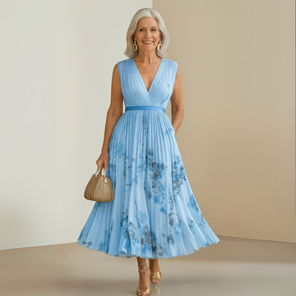 Elegant Floral Midi Dress for Women with V Neck Formal Style