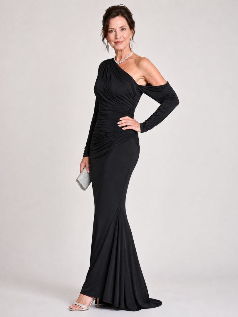 Elegant Black Maxi Dress for Women with One Shoulder Wedding Guest Dress Style